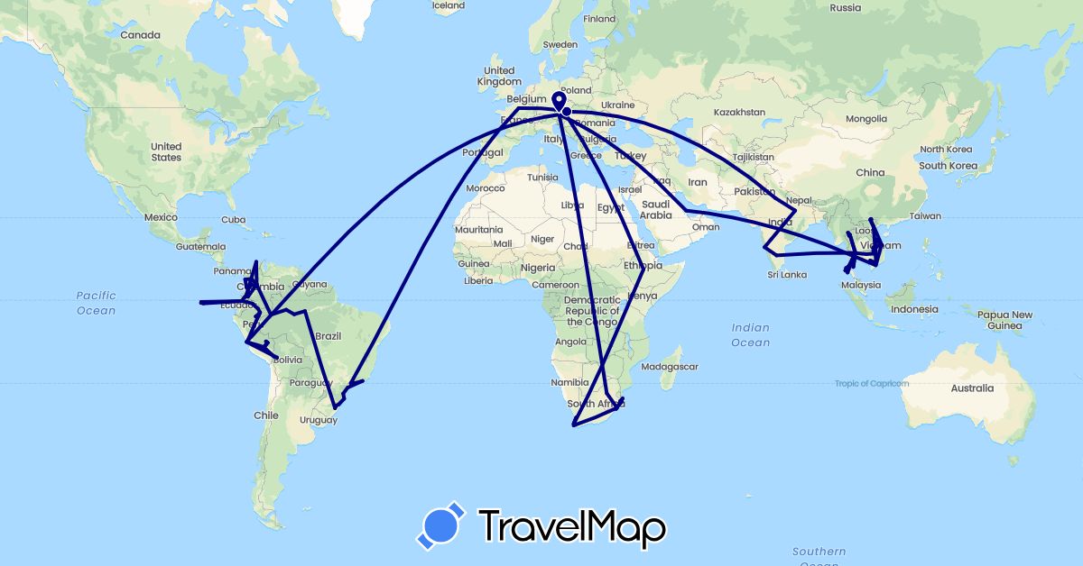 TravelMap itinerary: driving in Austria, Brazil, Colombia, Ecuador, France, India, Cambodia, Laos, Peru, Qatar, Thailand, Vietnam, South Africa (Africa, Asia, Europe, South America)